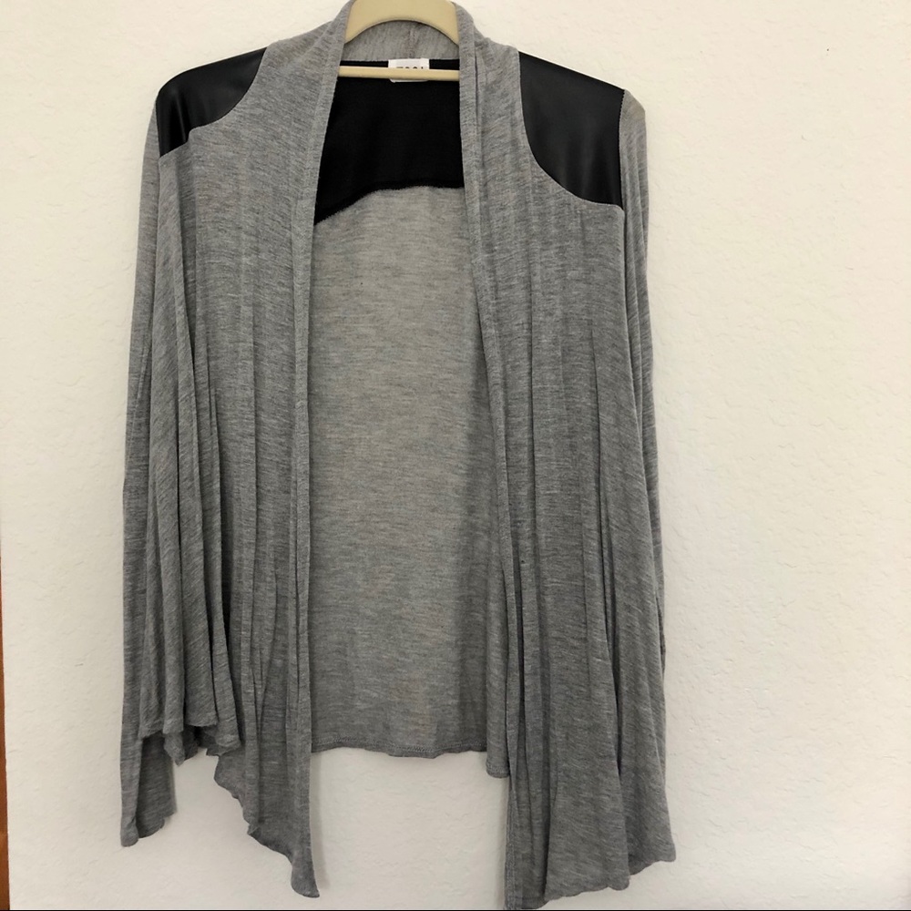 TOBI Gray Cardigan with black leather accents.